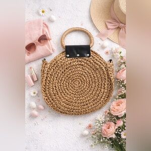 Round Woven Straw Handbag Tote, Natural Boho Circle Bag, Summer Beach Purse